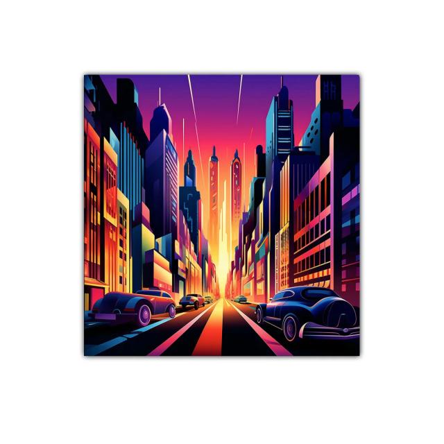 Atardecer vibrante en ciudad futurista con coches clásicos