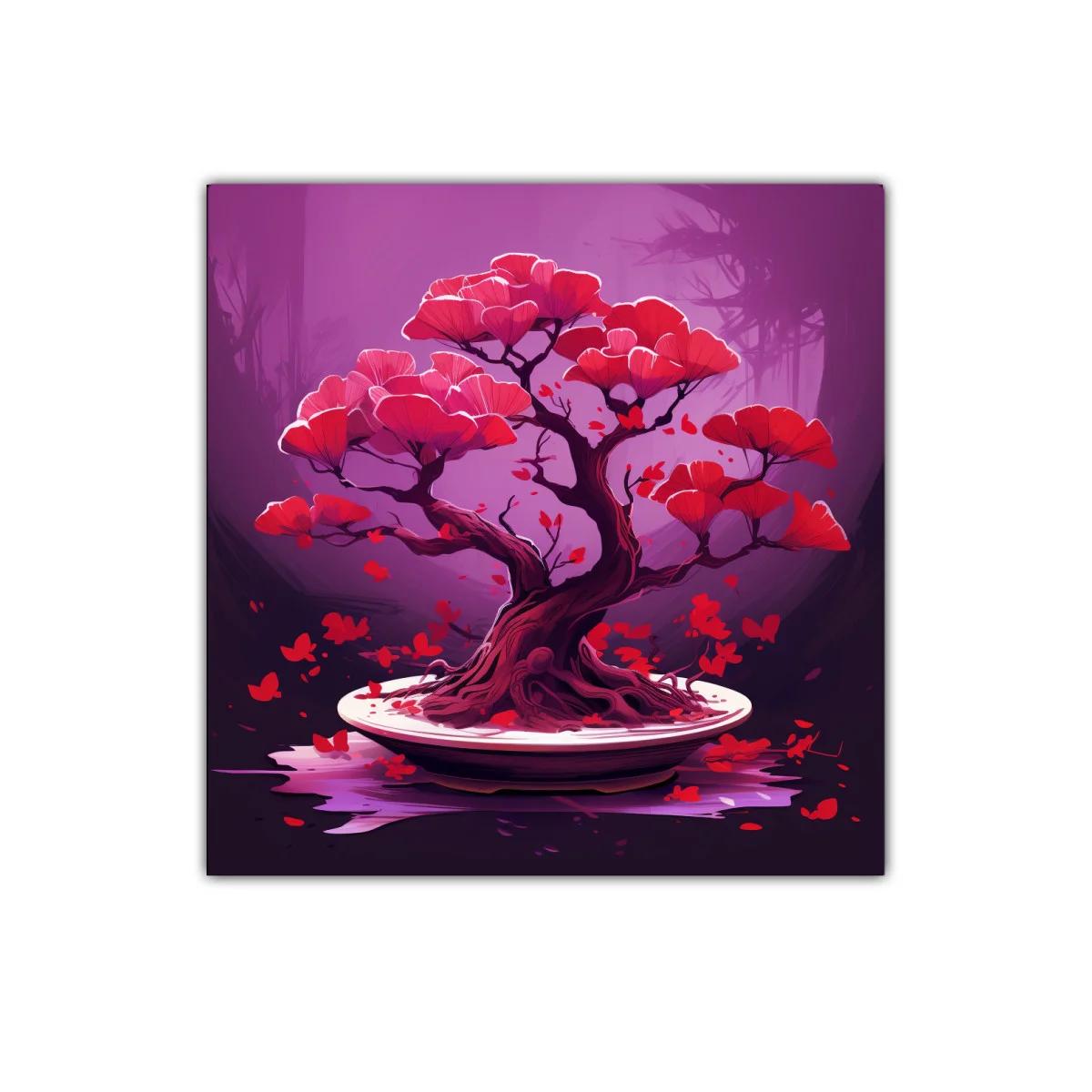 Árbol bonsái con flores rojas sobre fondo lila vibrante — imagen principal