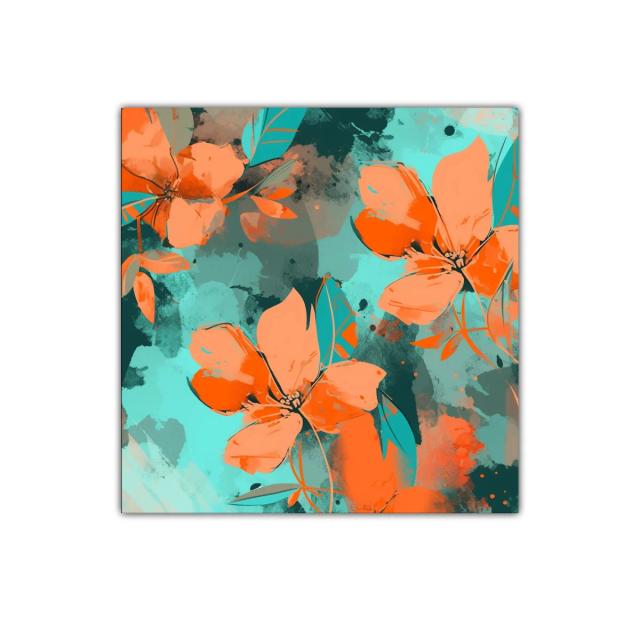 Cuadro moderno con flores vibrantes en tonos naranjas y turquesas
