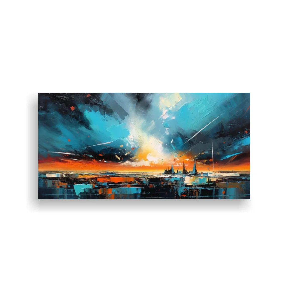 Cuadro skyline urbano al atardecer con cielo dramático