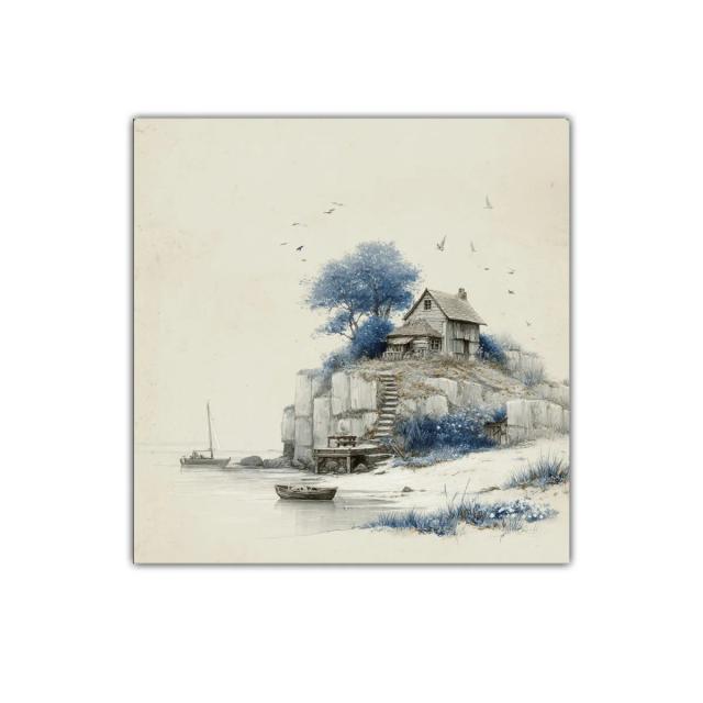 Paisaje costero sereno con cabaña entre acantilados y barcos