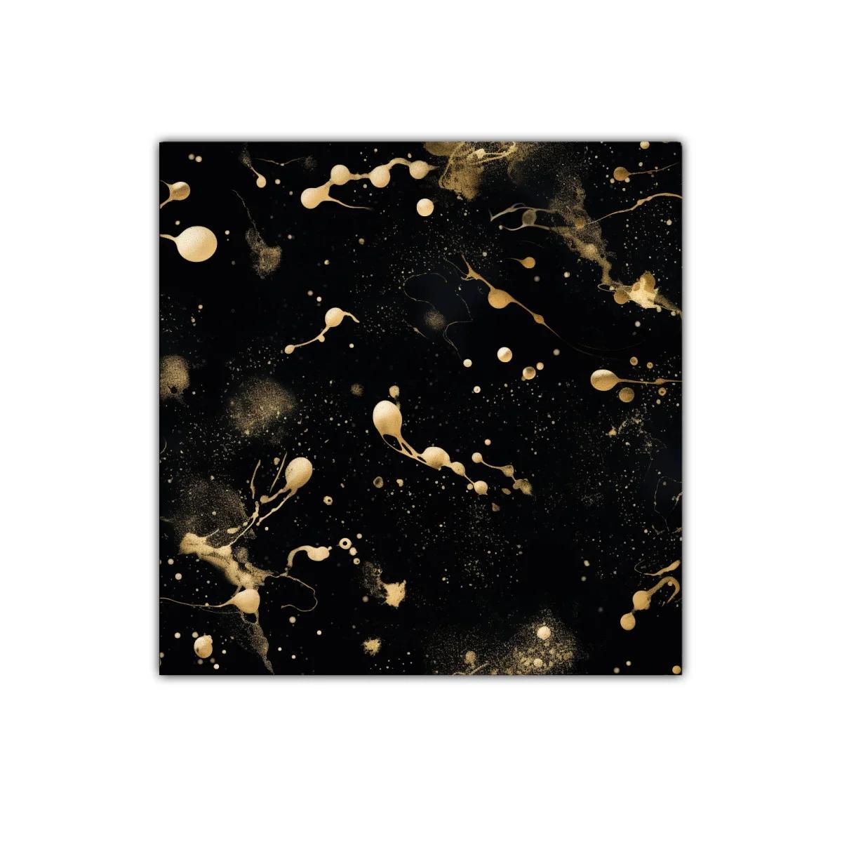 Cuadro abstracto con manchas doradas sobre fondo negro