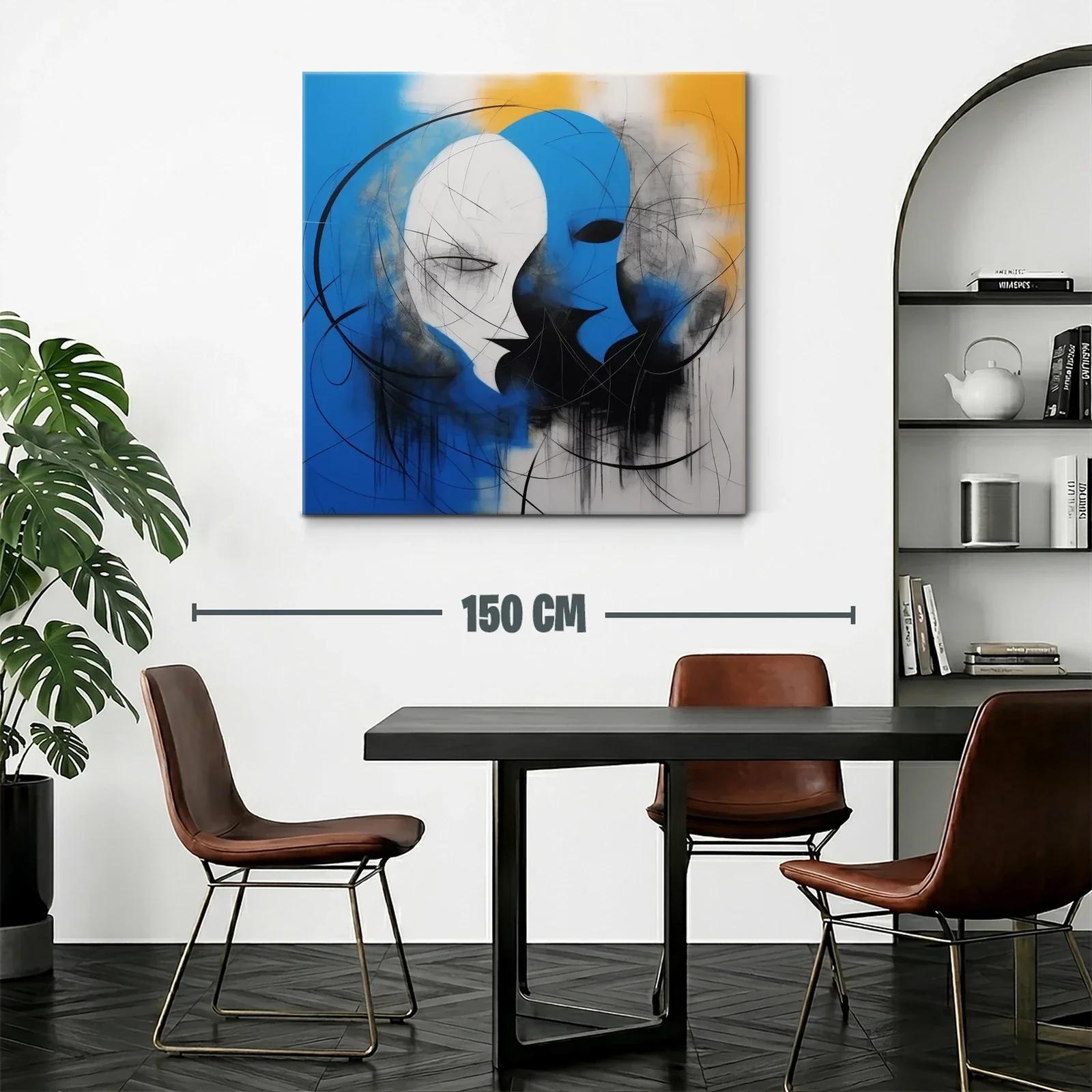 Cuadro abstracto con rostros en azul y blanco vibrante — miniatura 2