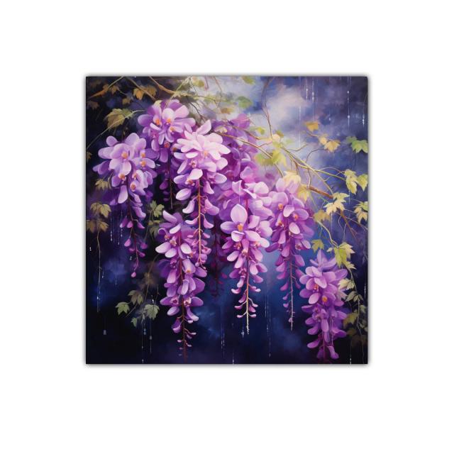 Cuadro floral con cascada de flores lilas y hojas verdes