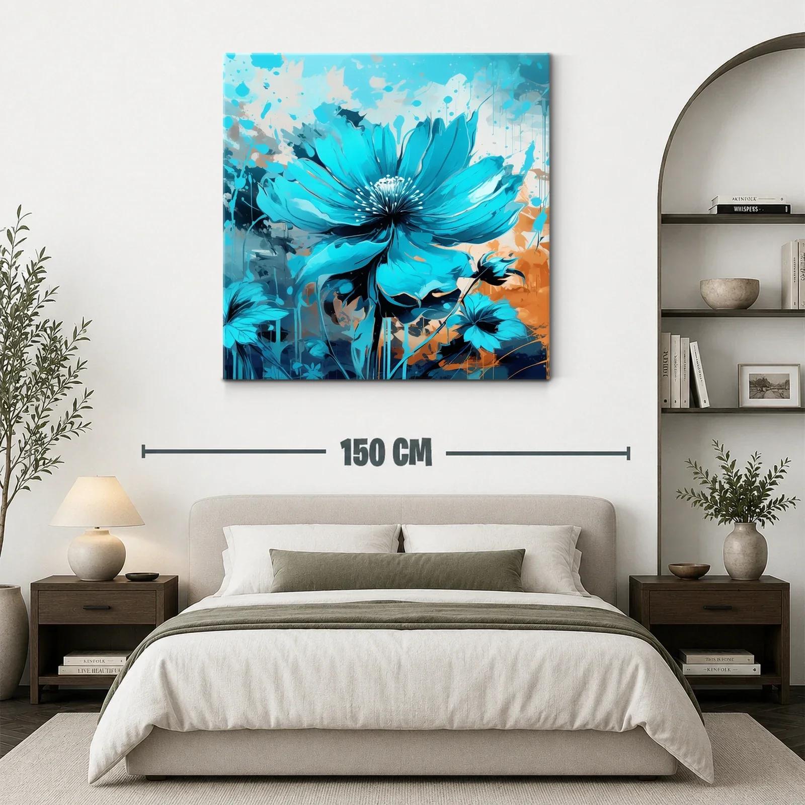 Cuadro con flor azul vibrante sobre fondo abstracto cálido — miniatura 3