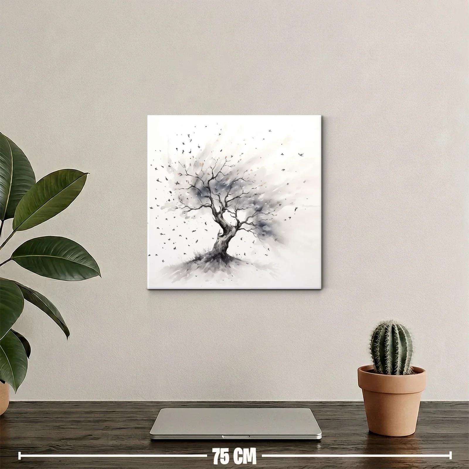Árbol solitario con aves en tonos neutros — miniatura 2