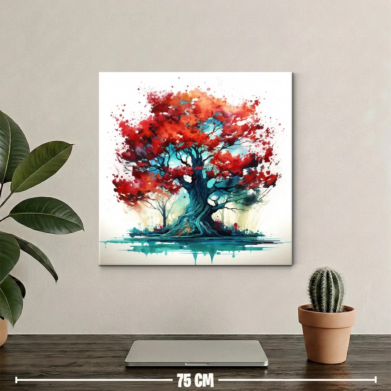 Impactante cuadro árbol con hojas rojas y tonos vibrantes — miniatura 2