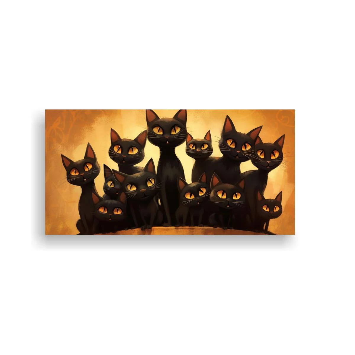 Cuadro grupo de gatos negros de ojos amarillos sobre fondo anaranjado