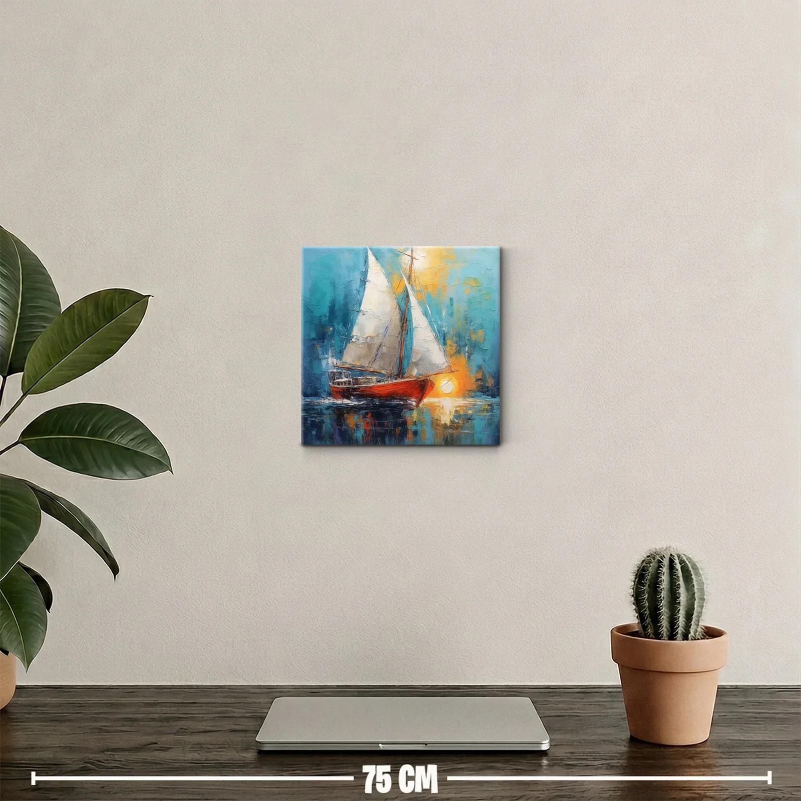 Barco de vela rojo reflejado en agua bajo atardecer brillante — miniatura 2