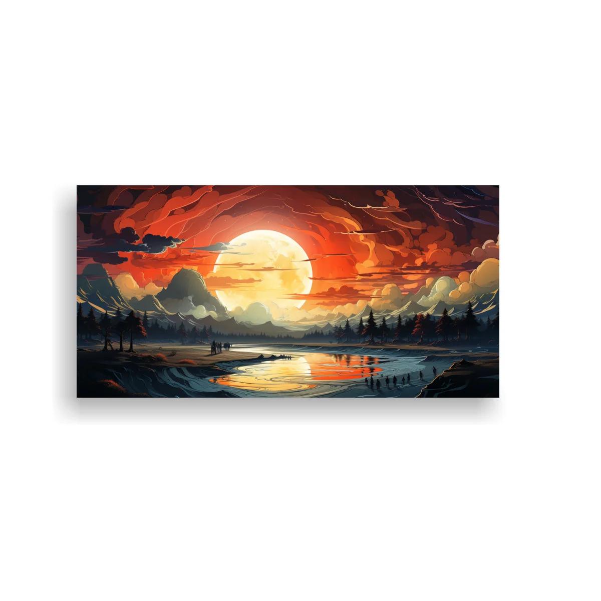 Cuadro paisaje al atardecer con gran luna llena y reflejo en el agua