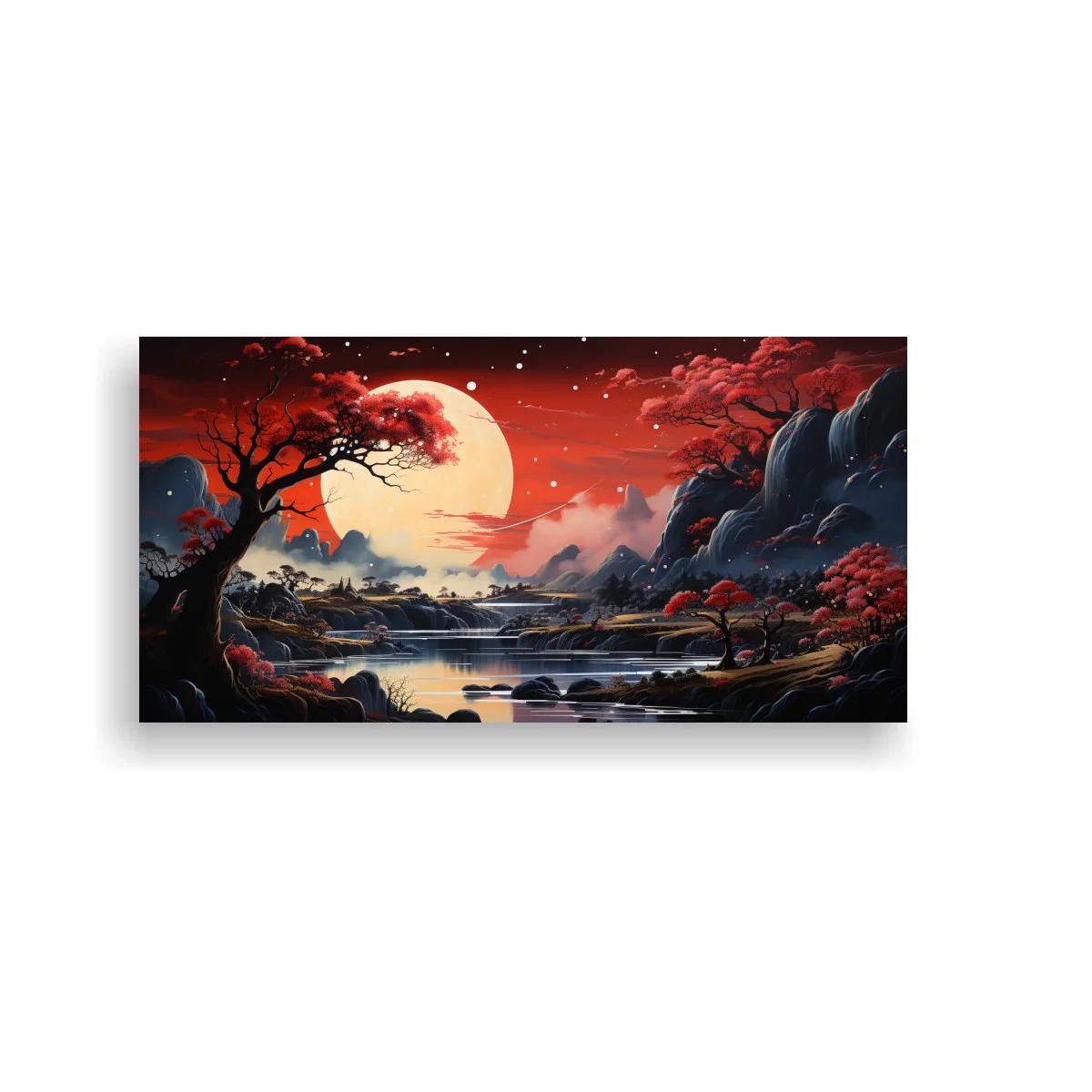 Cuadro paisaje con luna llena y árboles rojizos