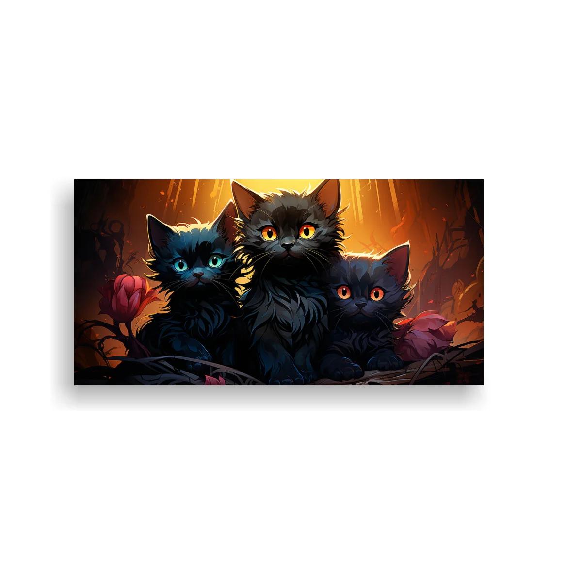 Cuadro tres gatitos negros con ojos brillantes y fondo dorado
