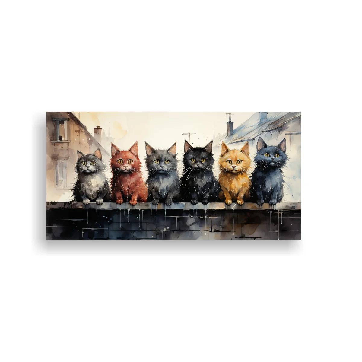 Cuadro seis gatos esponjosos sobre tejado con chimeneas