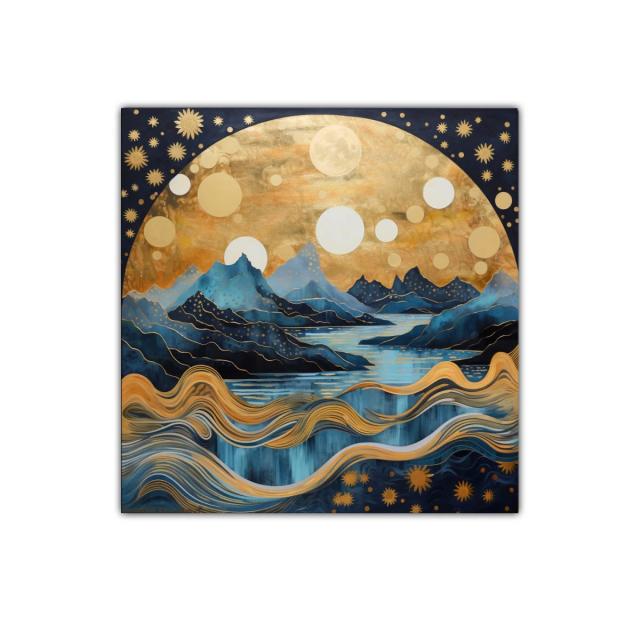 Paisaje onírico de montañas y cielo estrellado dorado