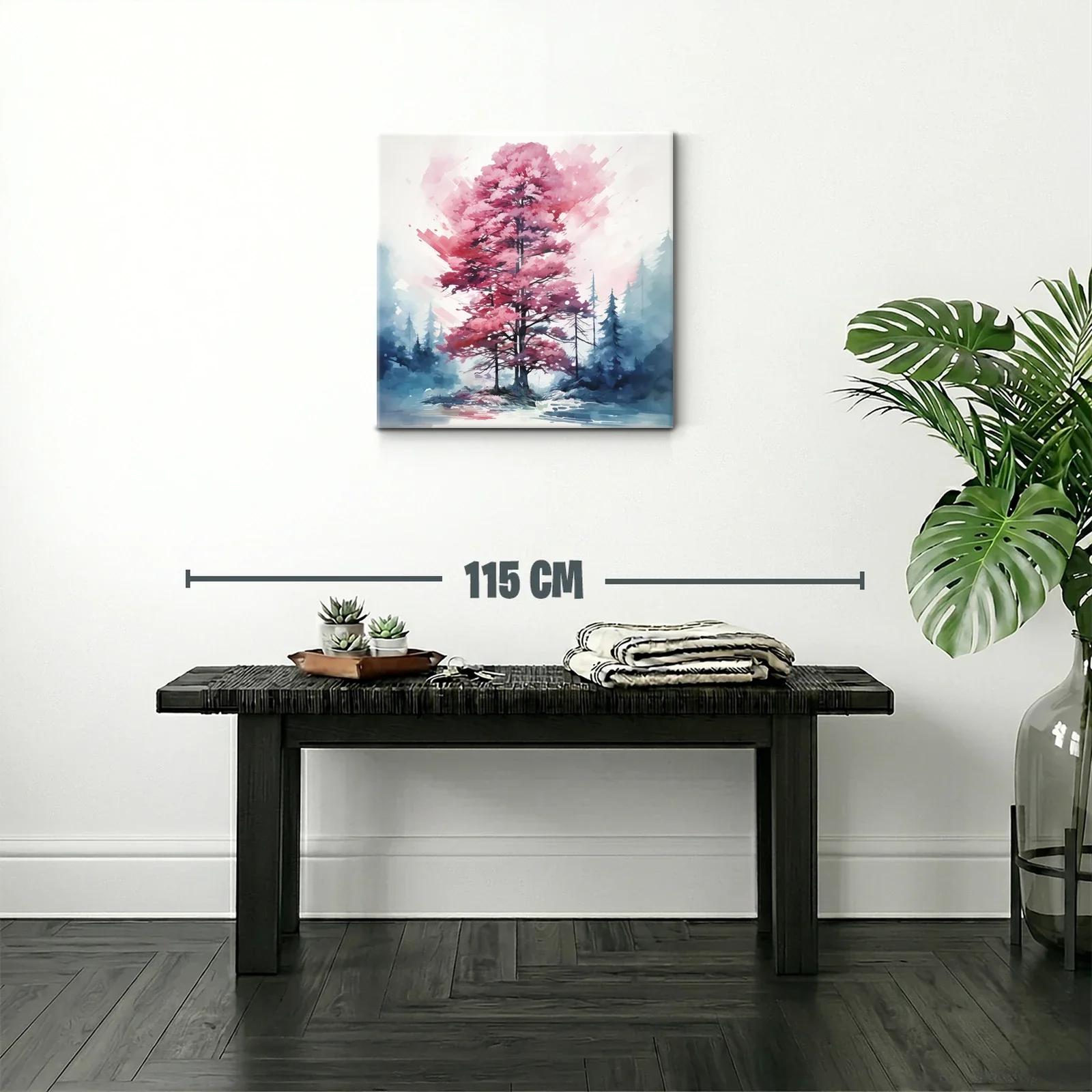 Árbol rosa en paisaje nevado con toque abstracto — miniatura 2