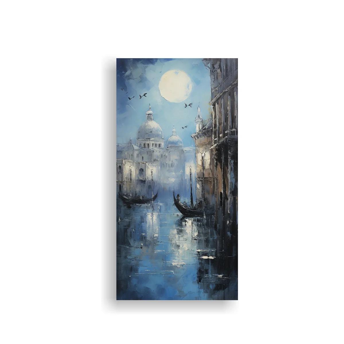 Cuadro canal veneciano con góndolas y luna brumosa — imagen principal
