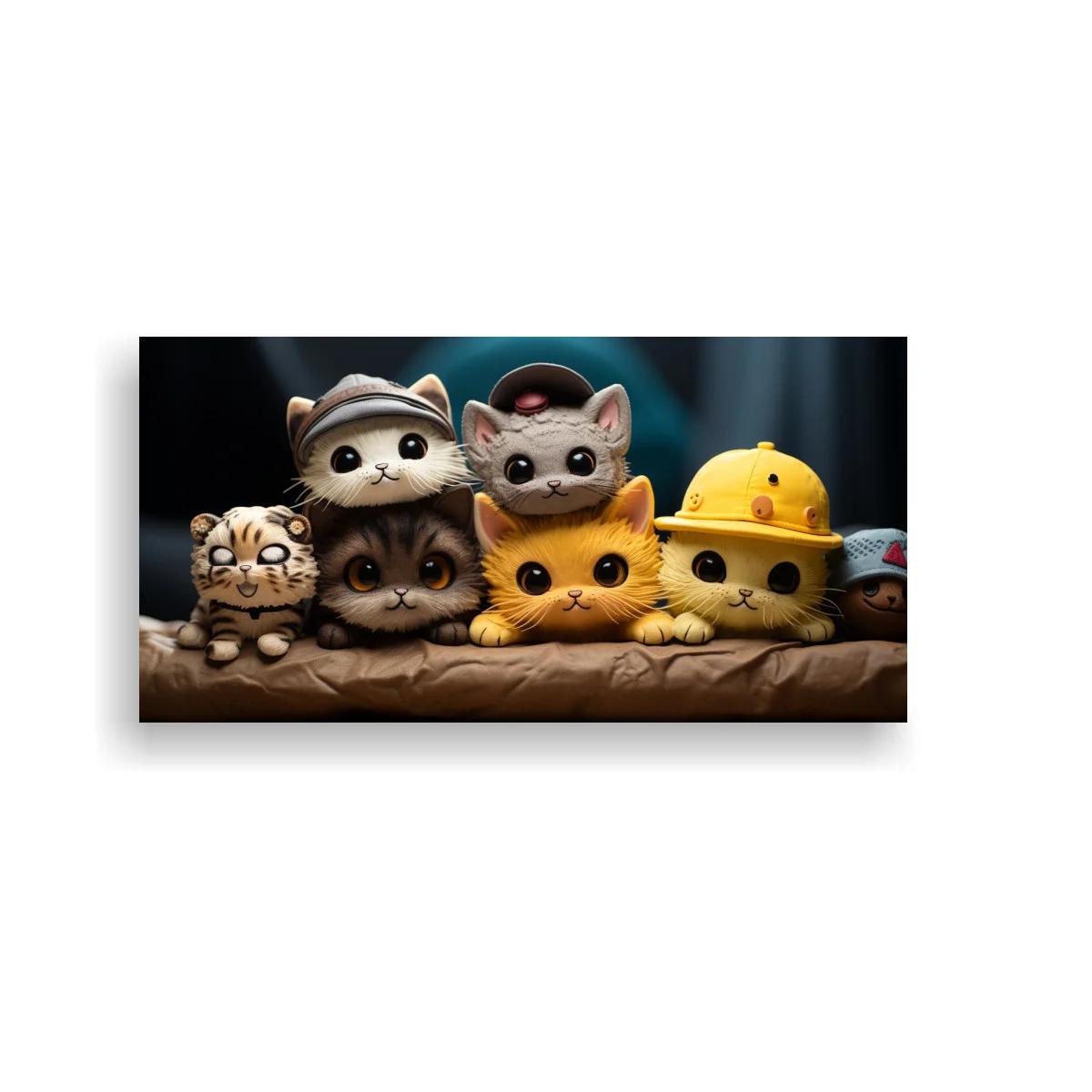 Cuadro grupo de gatitos kawaii con casco amarillo y gorro de mapache