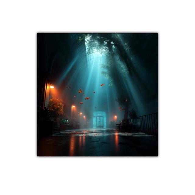 Escena onírica con peces flotando y luz celestial