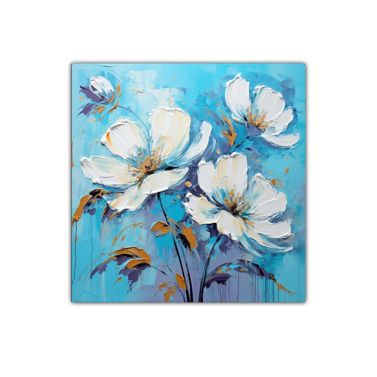 Cuadro floral con grandes flores blancas y fondo azul vibrante — imagen principal