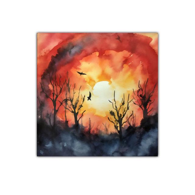 Atardecer vibrante con siluetas de árboles y aves en vuelo