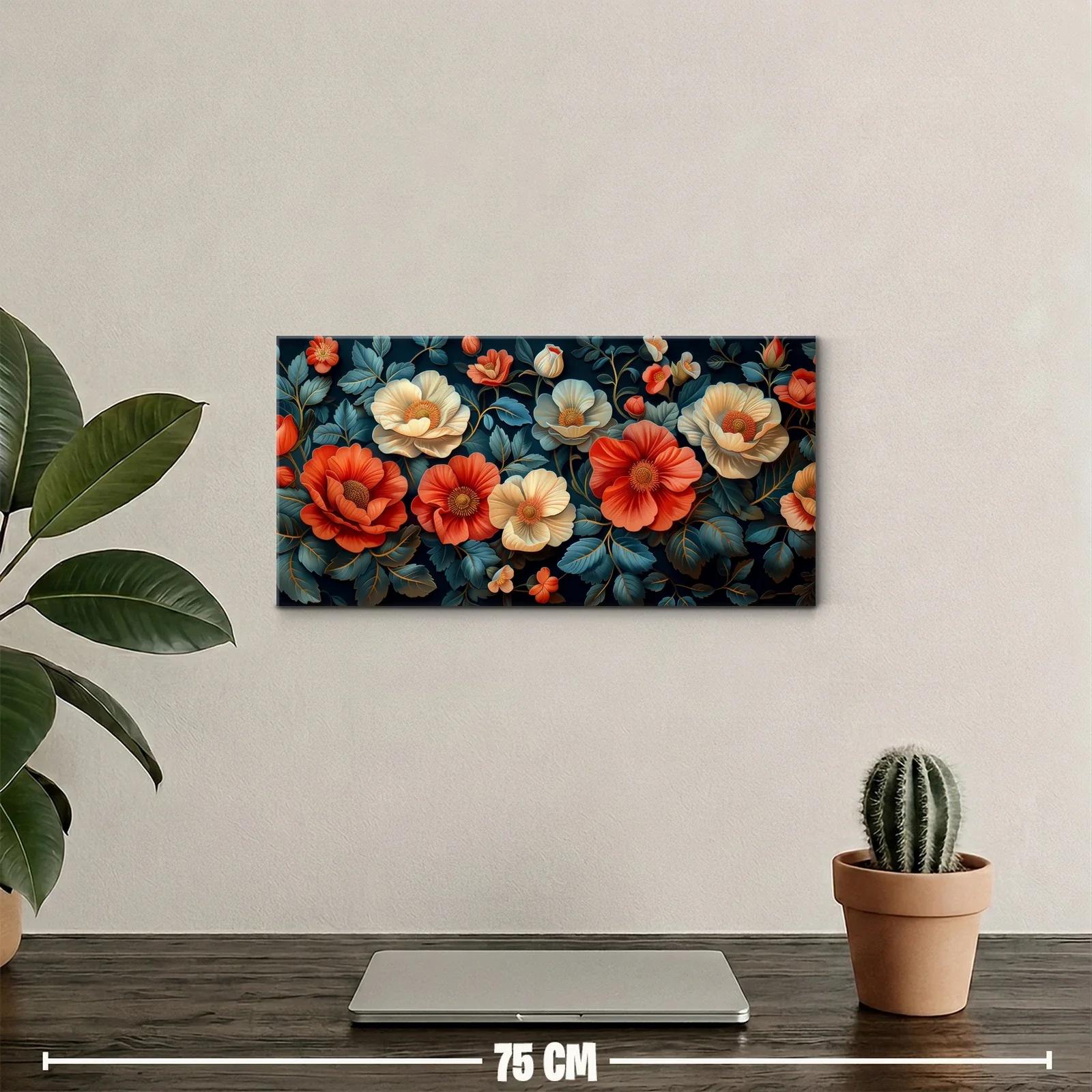 Cuadro peonías coral y crema en franja panorámica — miniatura 2