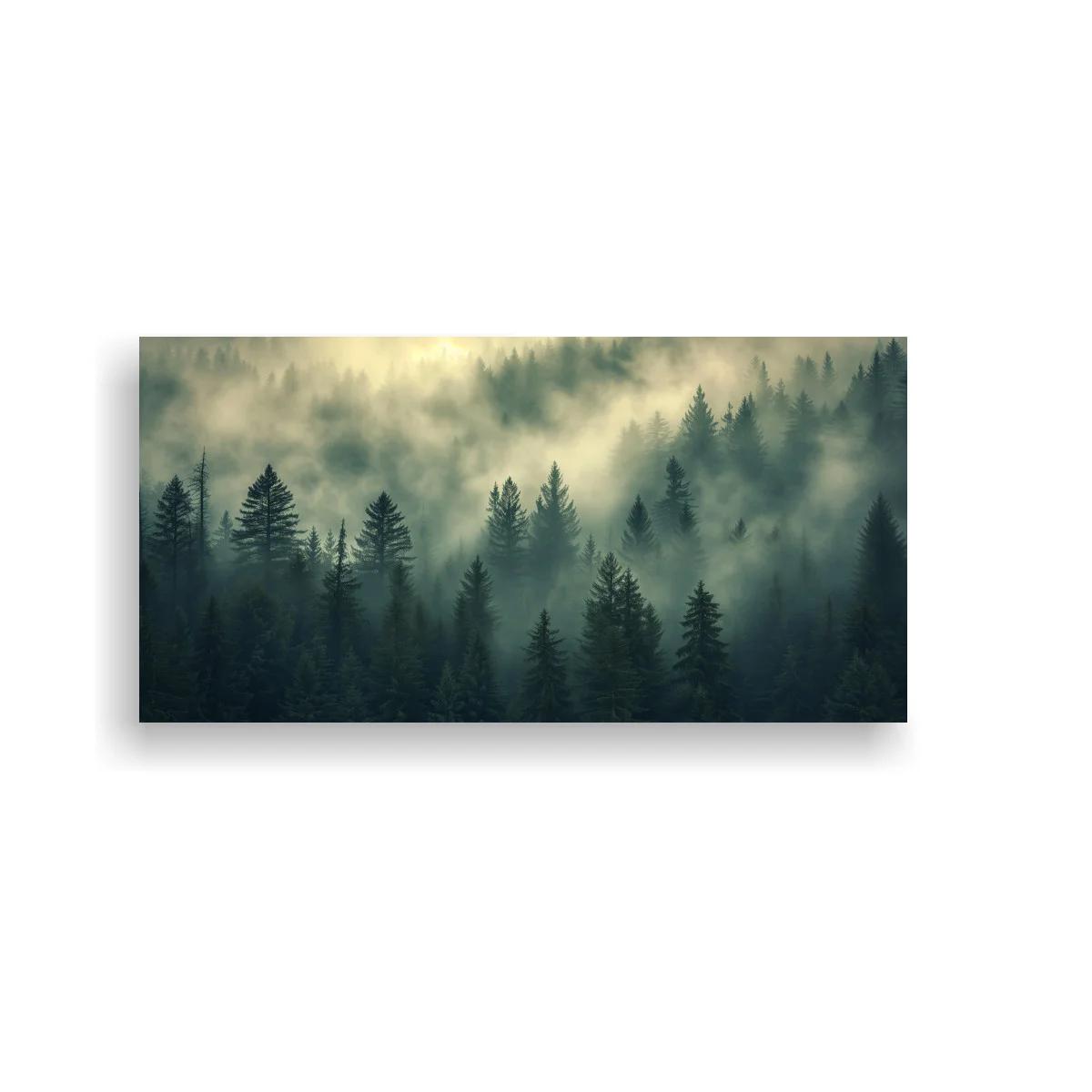 Cuadro bosque de coníferas entre niebla