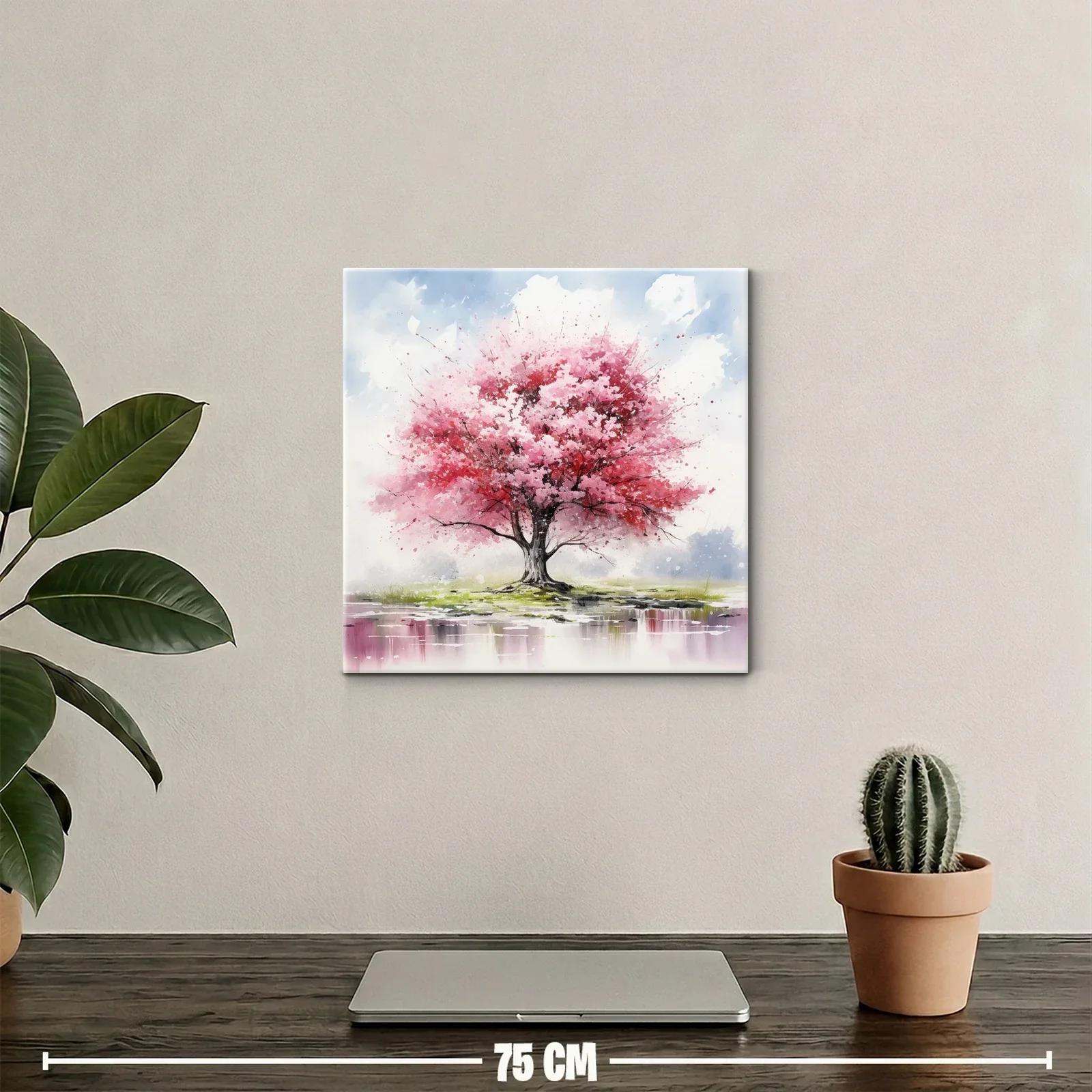 Árbol en flor con tonos rosas y paisaje sereno — miniatura 2