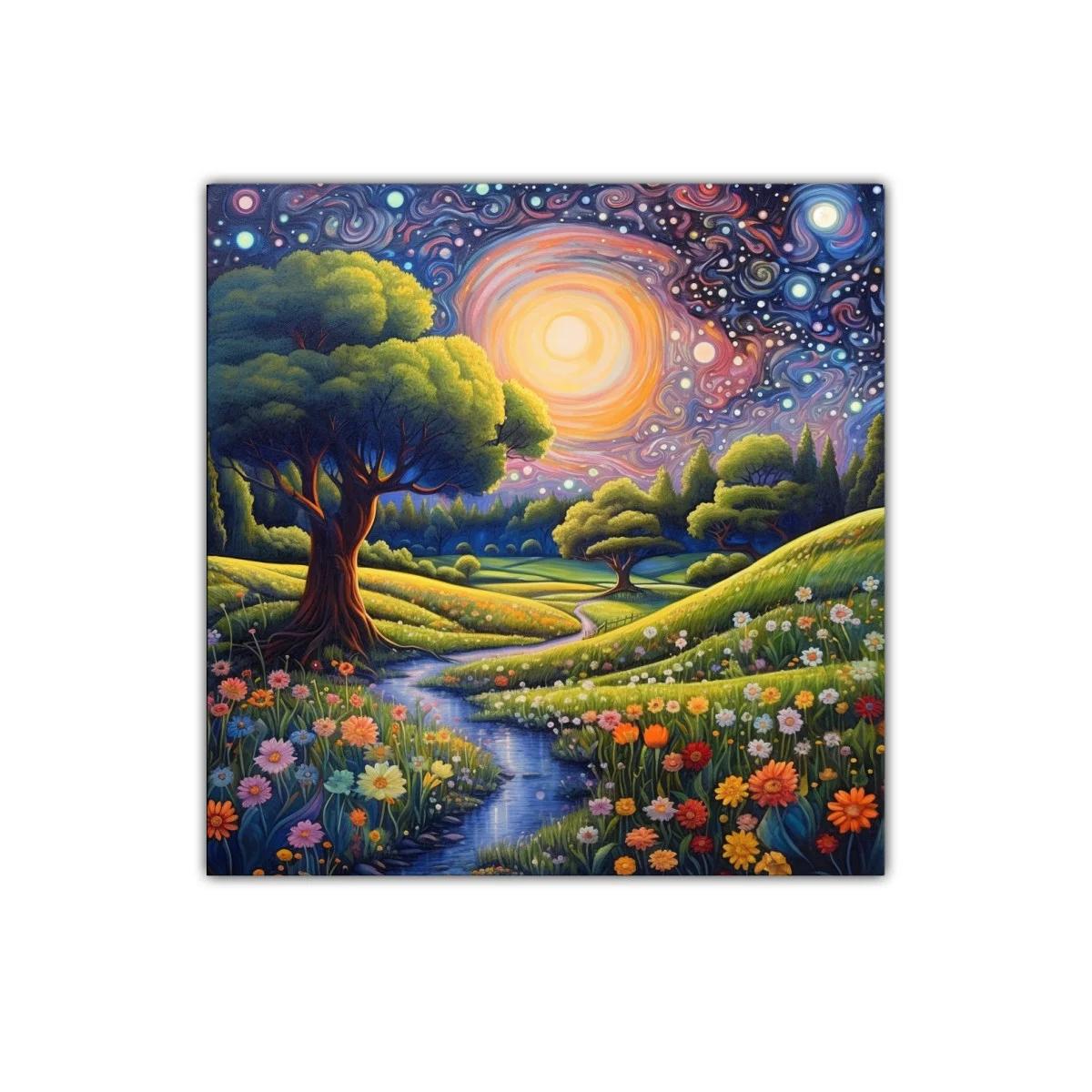Paisaje nocturno con flores y cielo estrellado vibrante — imagen principal