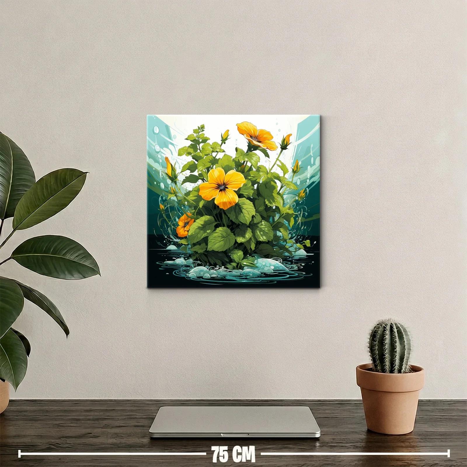 Cuadro vibrante con flores naranjas y hojas verdes — miniatura 2