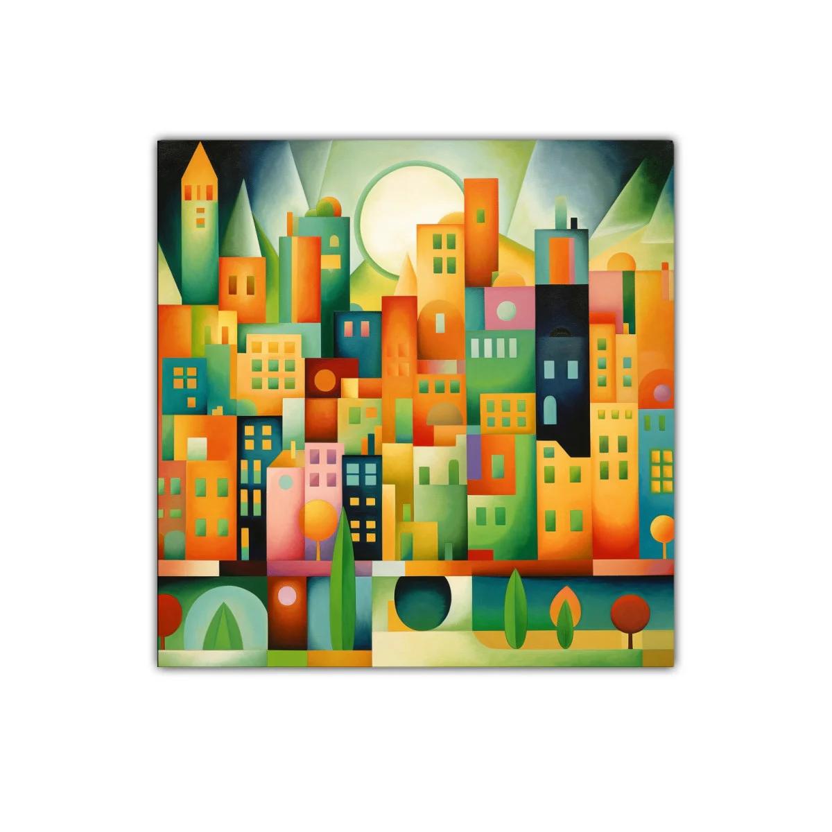 Composición urbana con formas geométricas y colores vibrantes