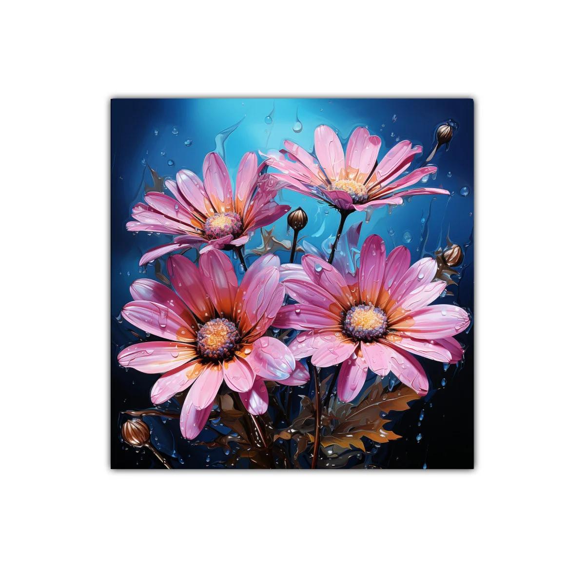 Cuadro decorativo con flores rosas vibrantes y fondo azul