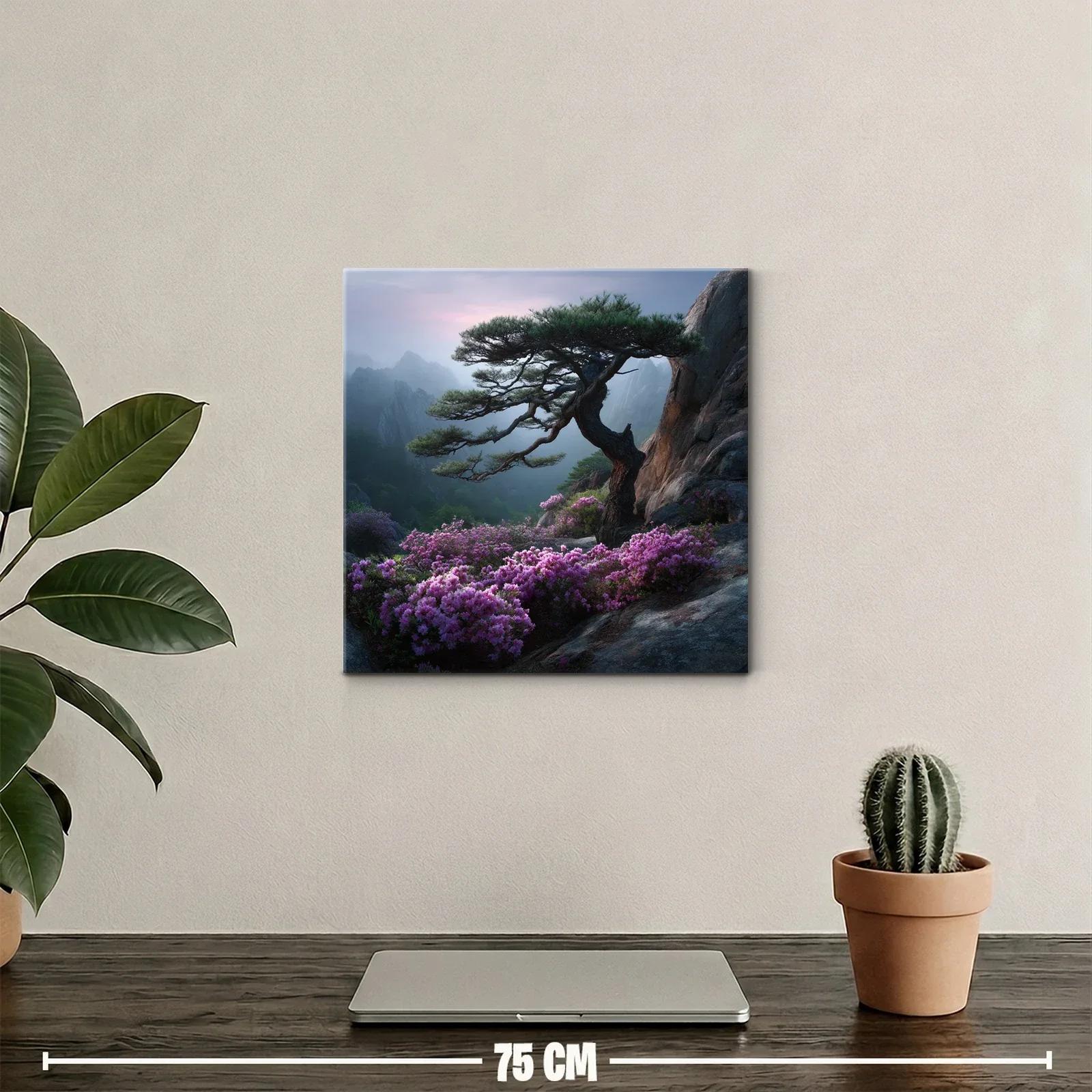 Paisaje sereno con árbol y flores sobre rocas en montaña — miniatura 2