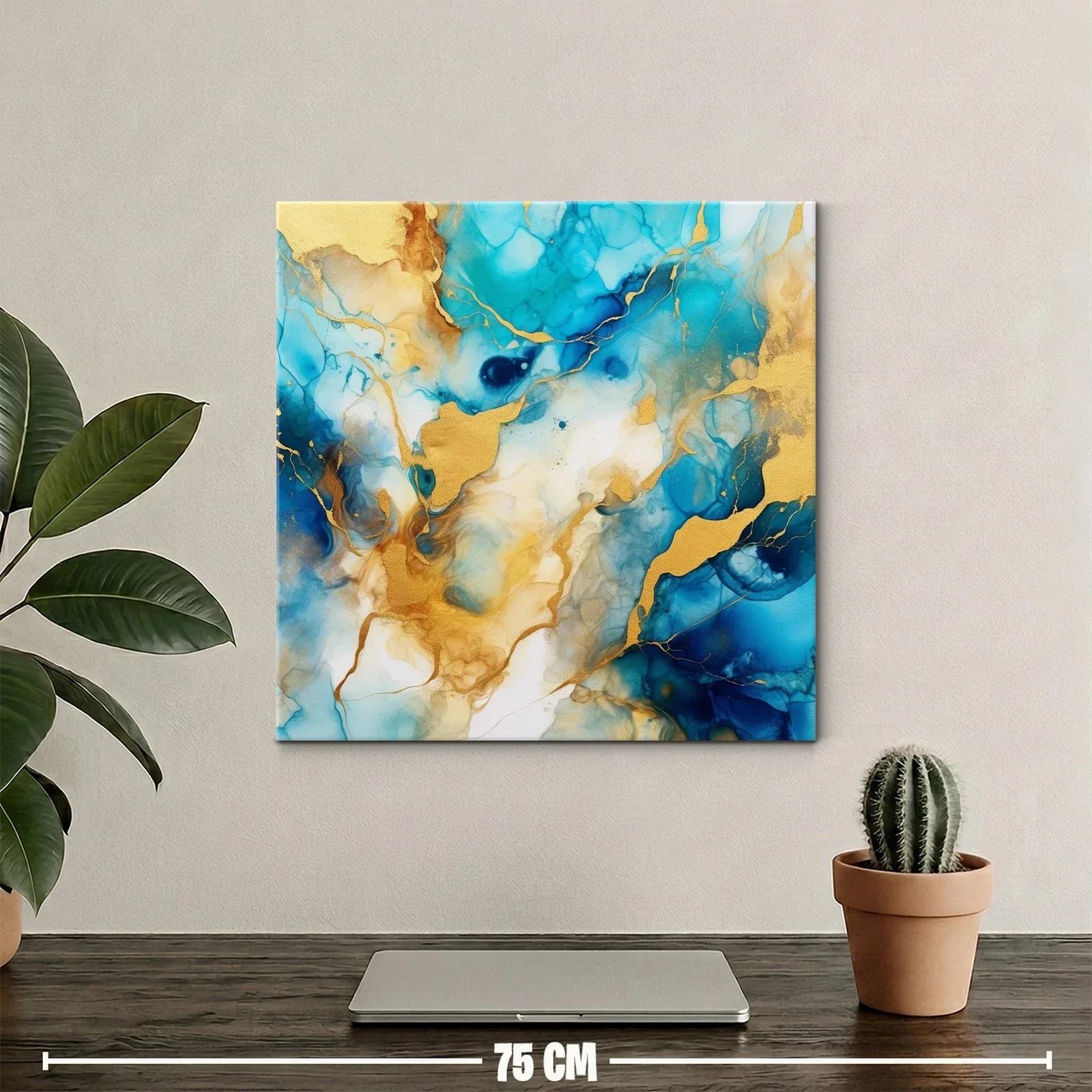 Cuadro abstracto con tonos azules y dorados vibrantes — miniatura 2