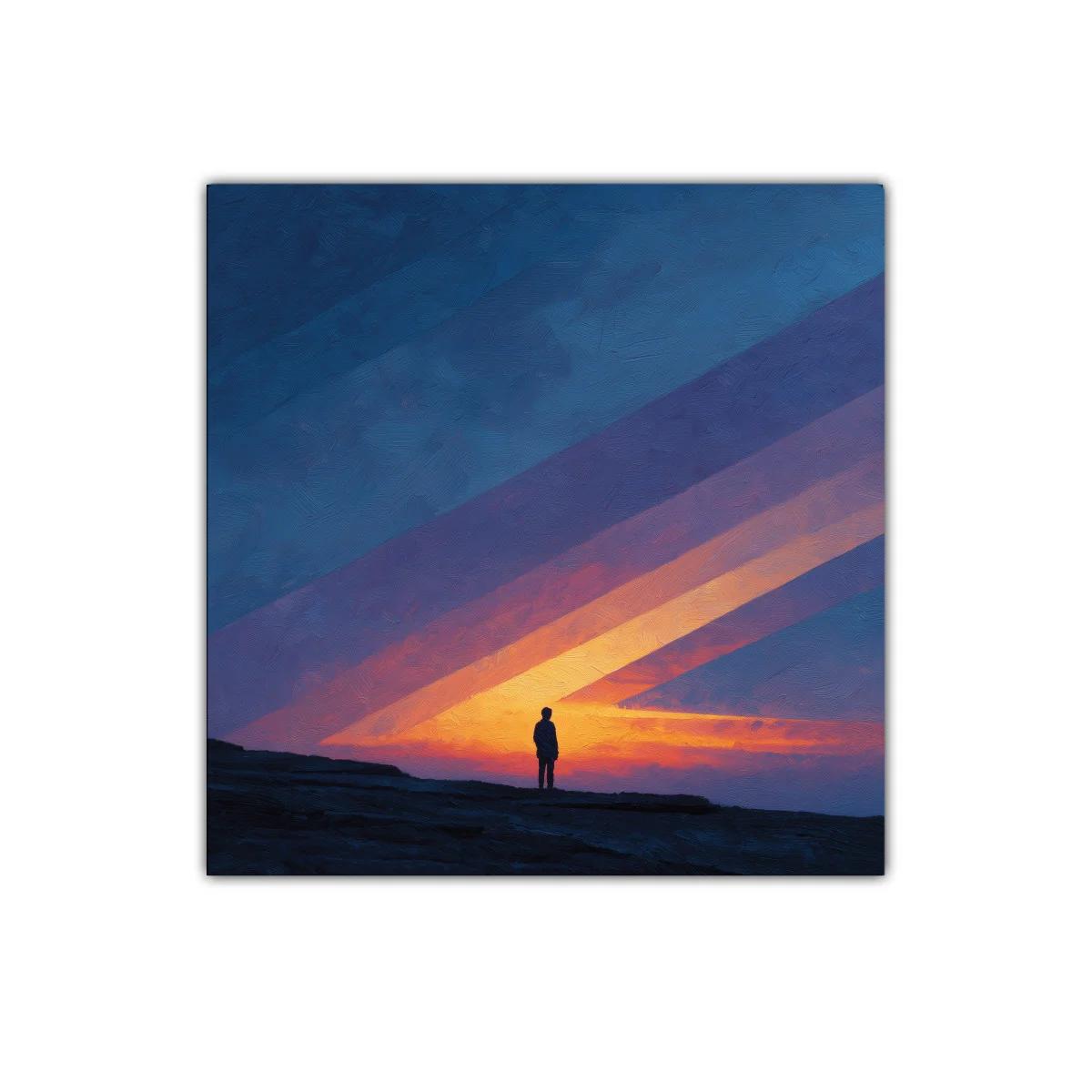 Figura solitaria ante un cielo al amanecer azul y naranja — imagen principal