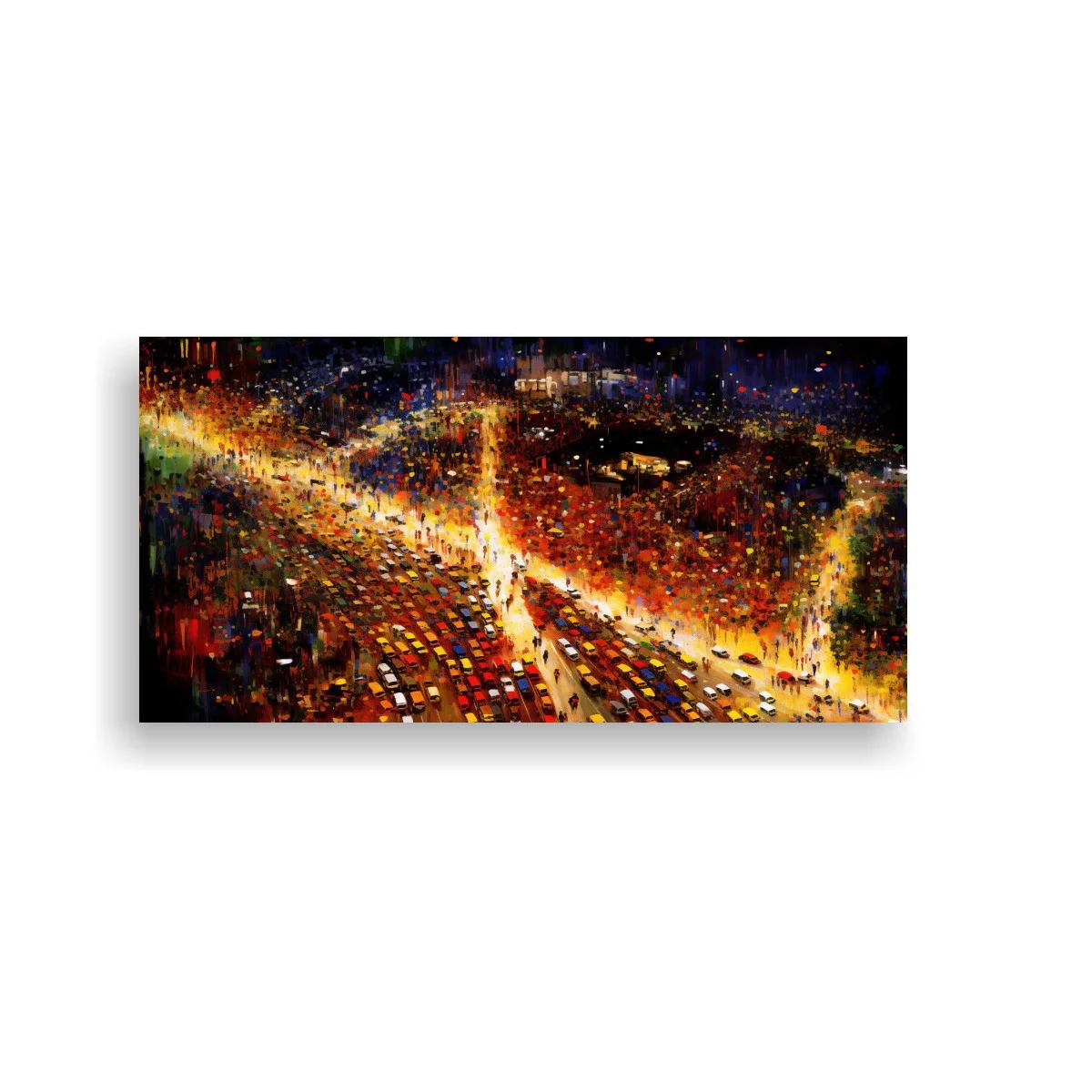 Cuadro autopista urbana nocturna con tráfico intenso