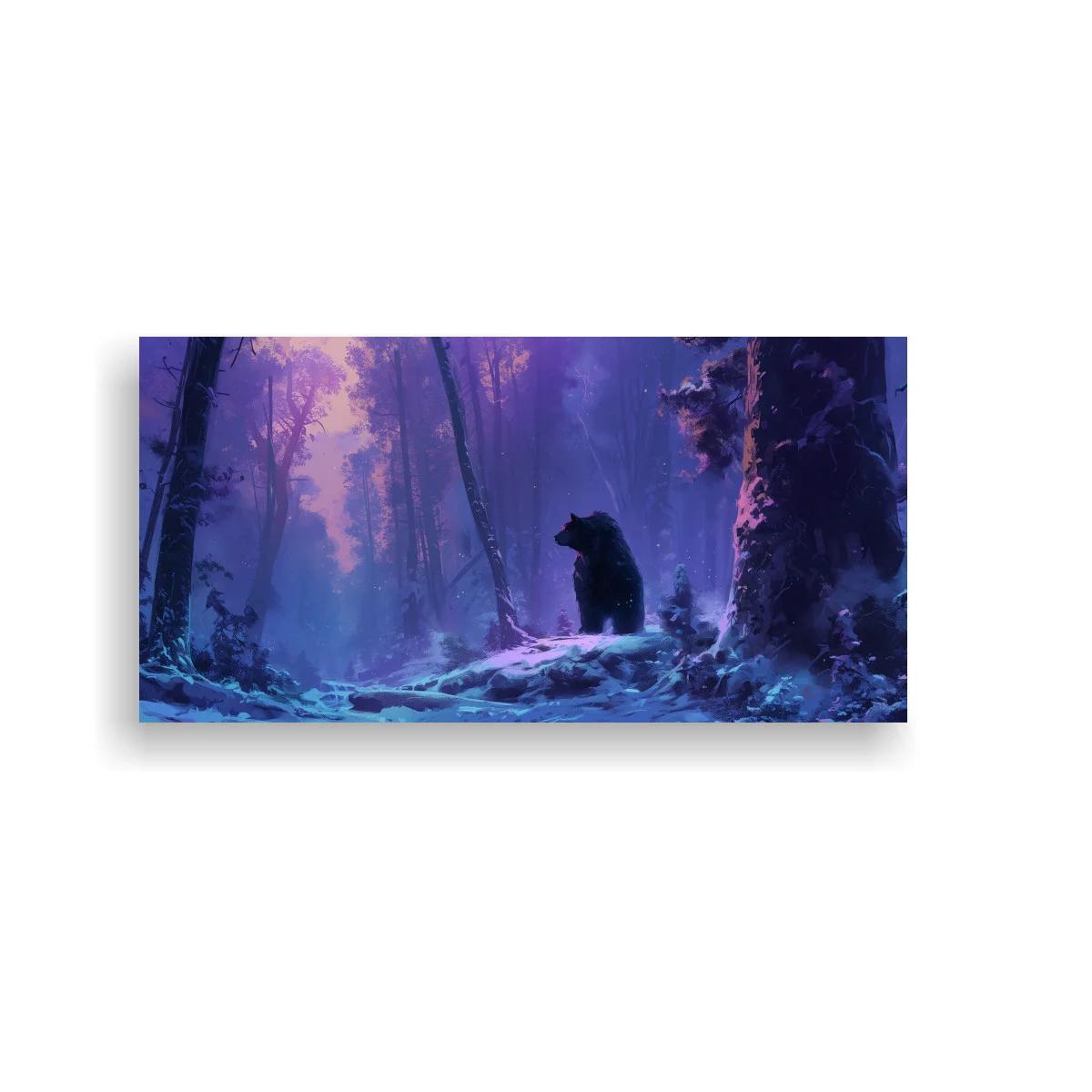 Cuadro oso negro en bosque nevado con luz violeta