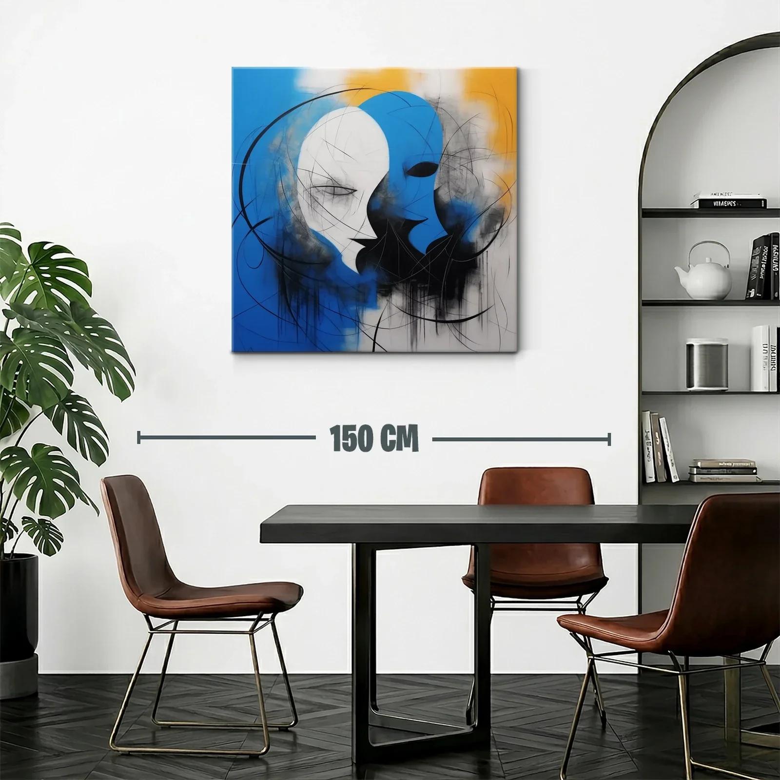 Cuadro abstracto con rostros en azul y blanco vibrante — miniatura 2