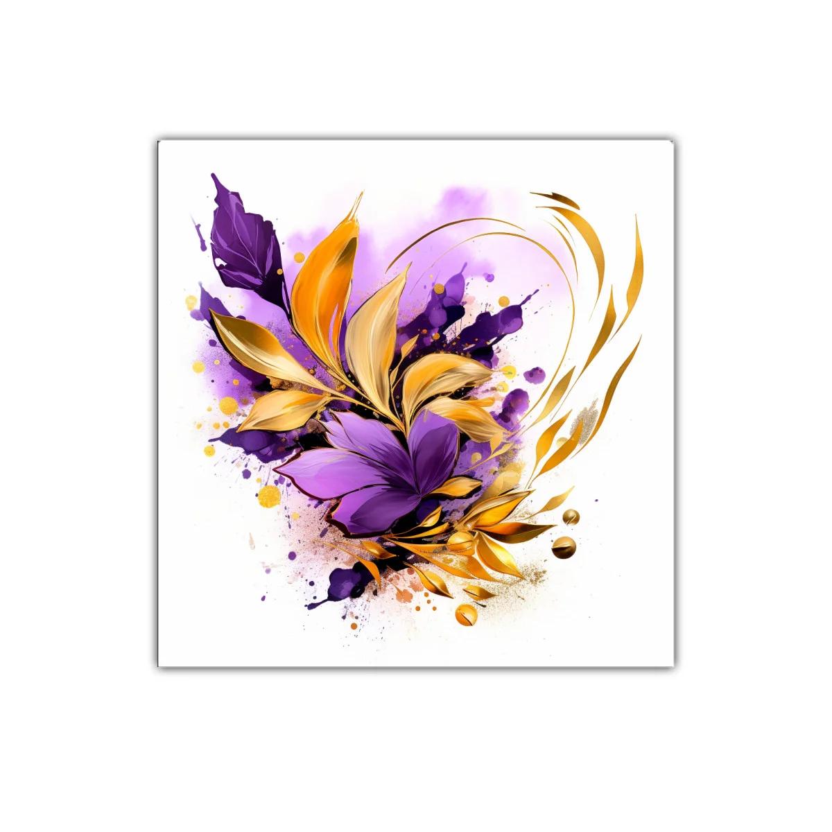 Composición floral en tonos dorados y morados vibrantes — imagen principal