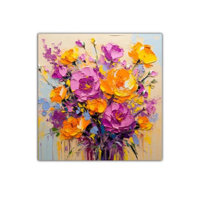 Cuadro vibrante con ramo floral en tonos cálidos y morados