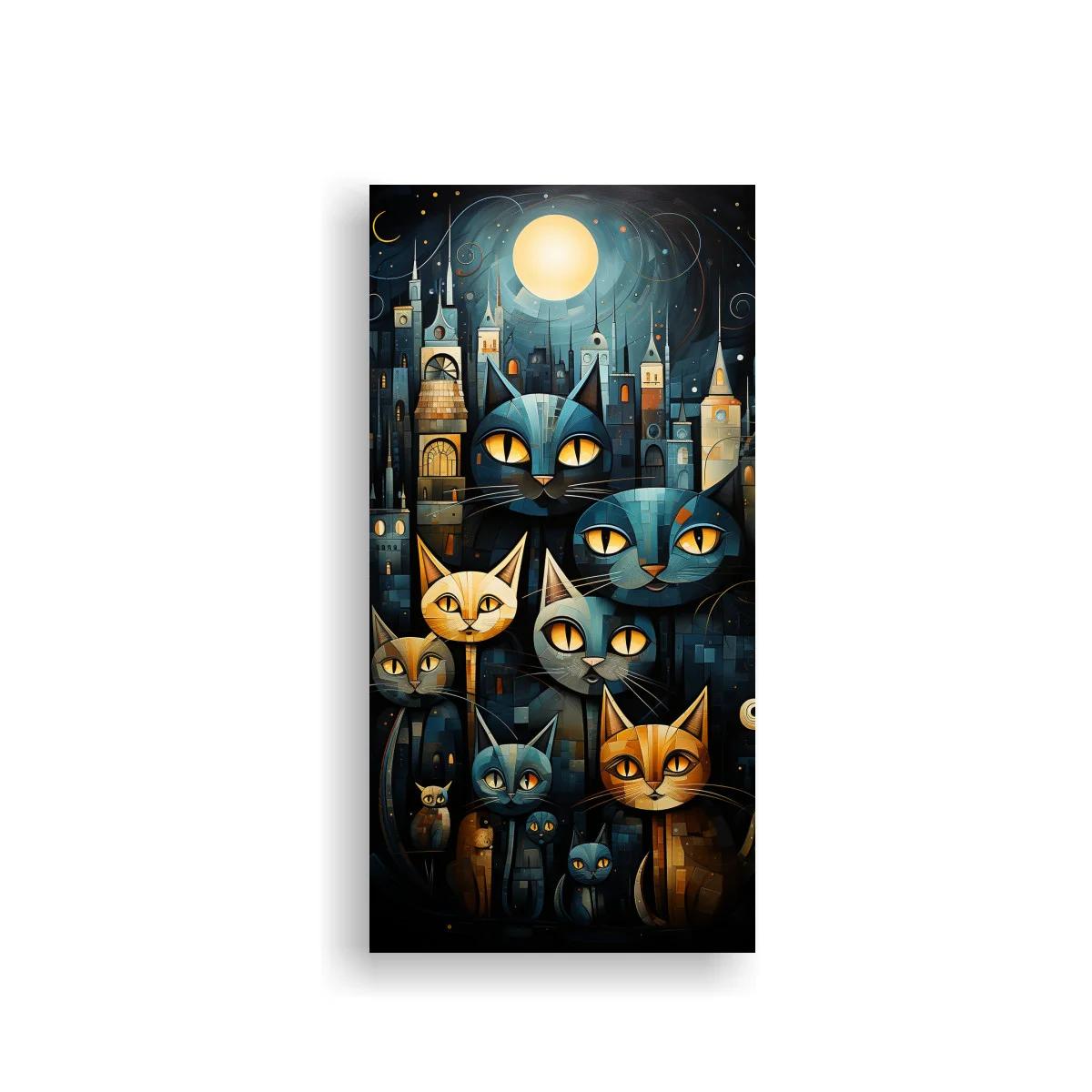 Cuadro gatos negros de ojos amarillos con luna llena