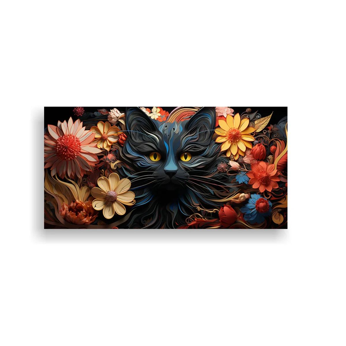 Cuadro gato negro de ojos amarillos entre flores — imagen principal