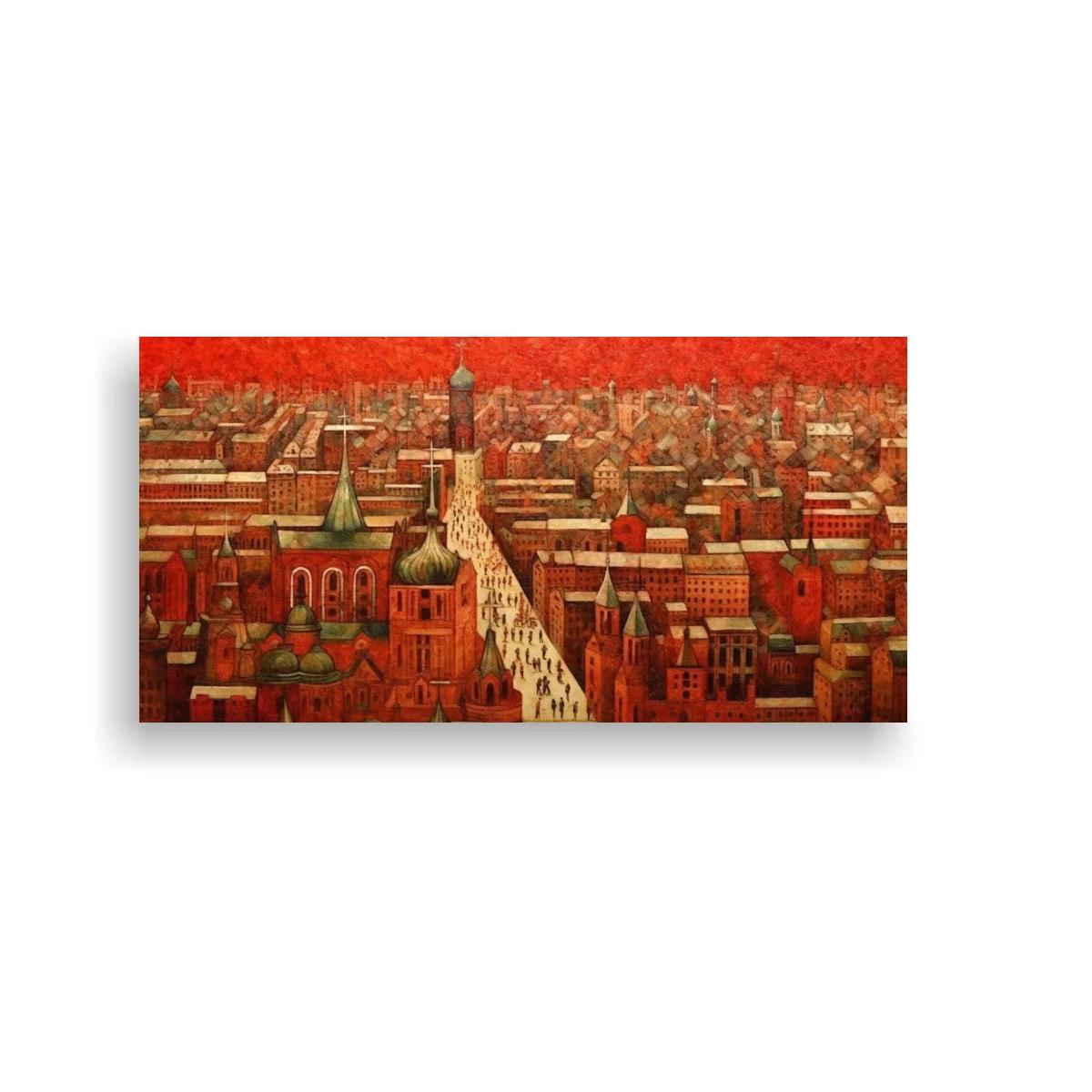 Cuadro ciudad antigua con calle iluminada y campanarios