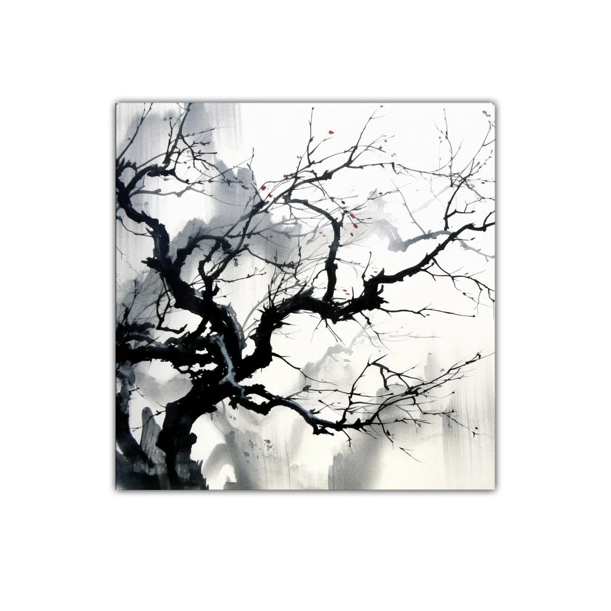 Árbol desnudo con toques de rojo en tinta artística