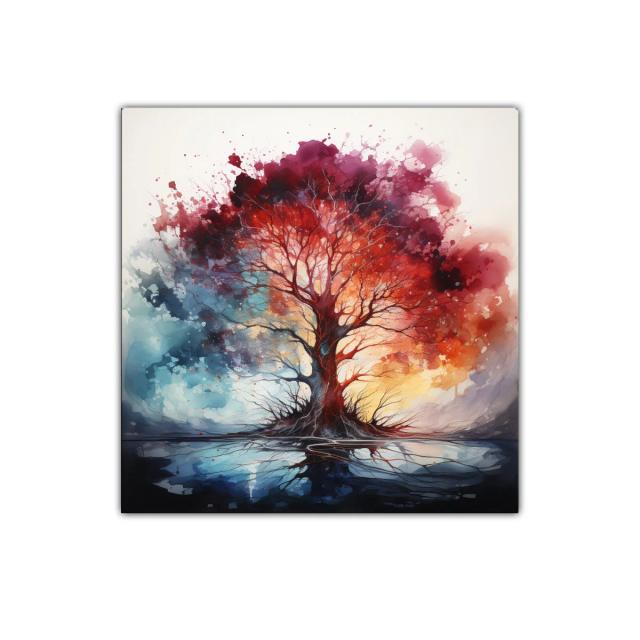 Árbol vibrante con colores intensos y reflejos sobre agua