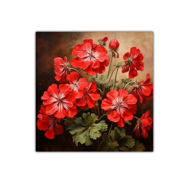 Cuadro con vibrantes flores rojas y hojas verdes delicadas