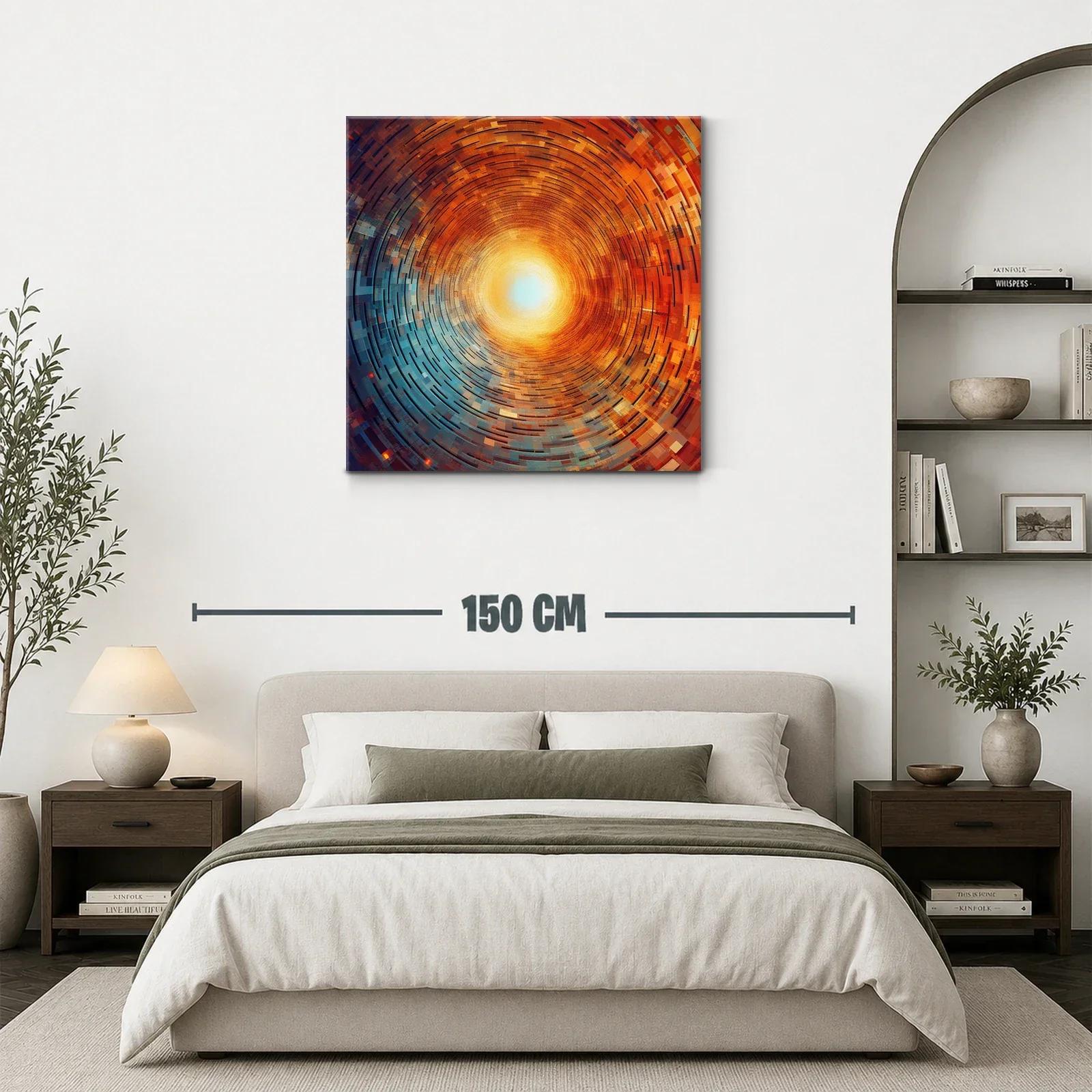 Cuadro abstracto con espiral radiante en tonos cálidos y fríos — miniatura 3