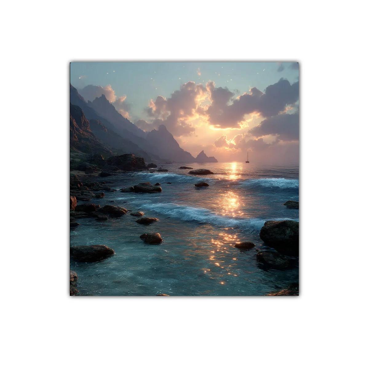 Paisaje costero con atardecer entre montañas rocosas