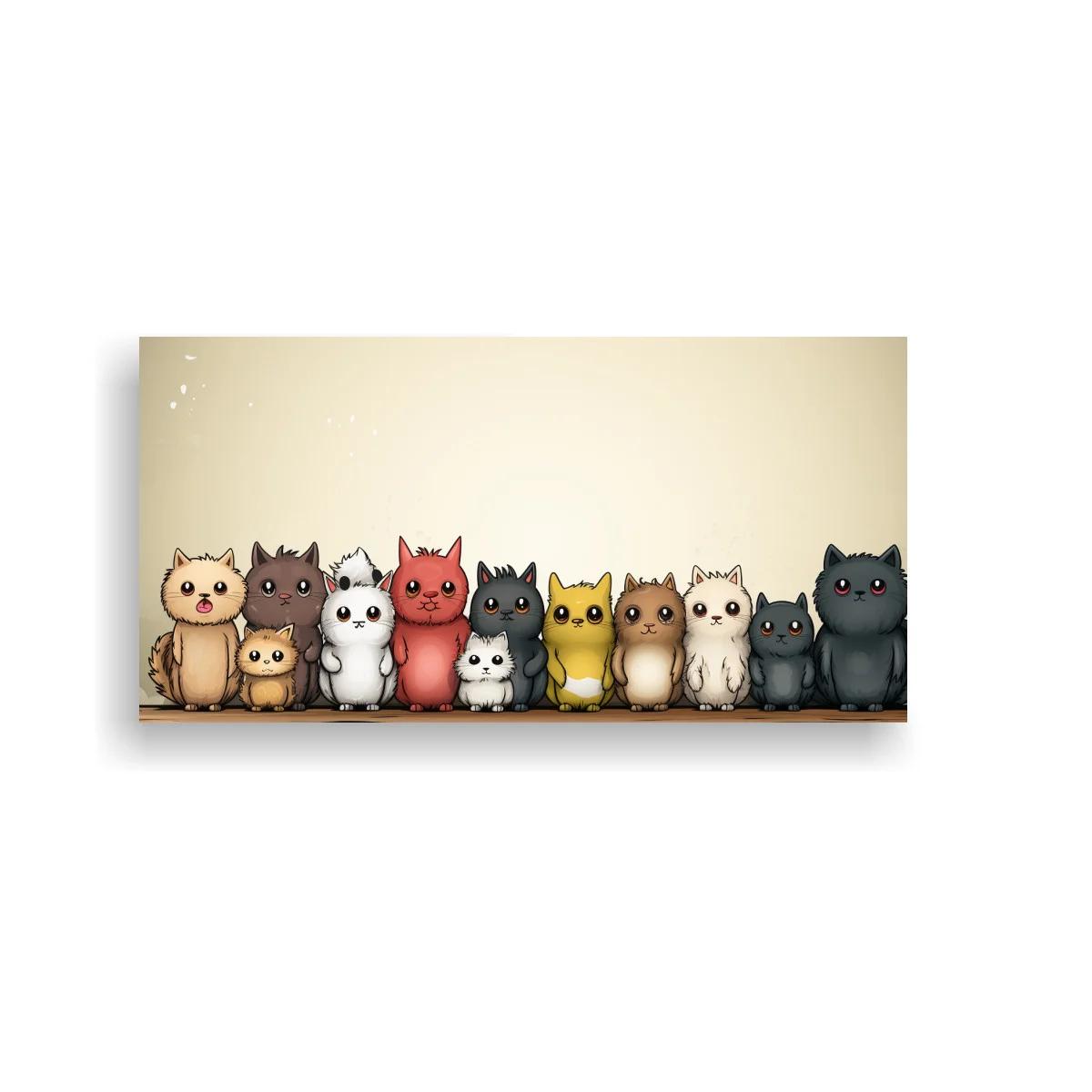 Cuadro fila de gatos de colores con fondo beige degradado