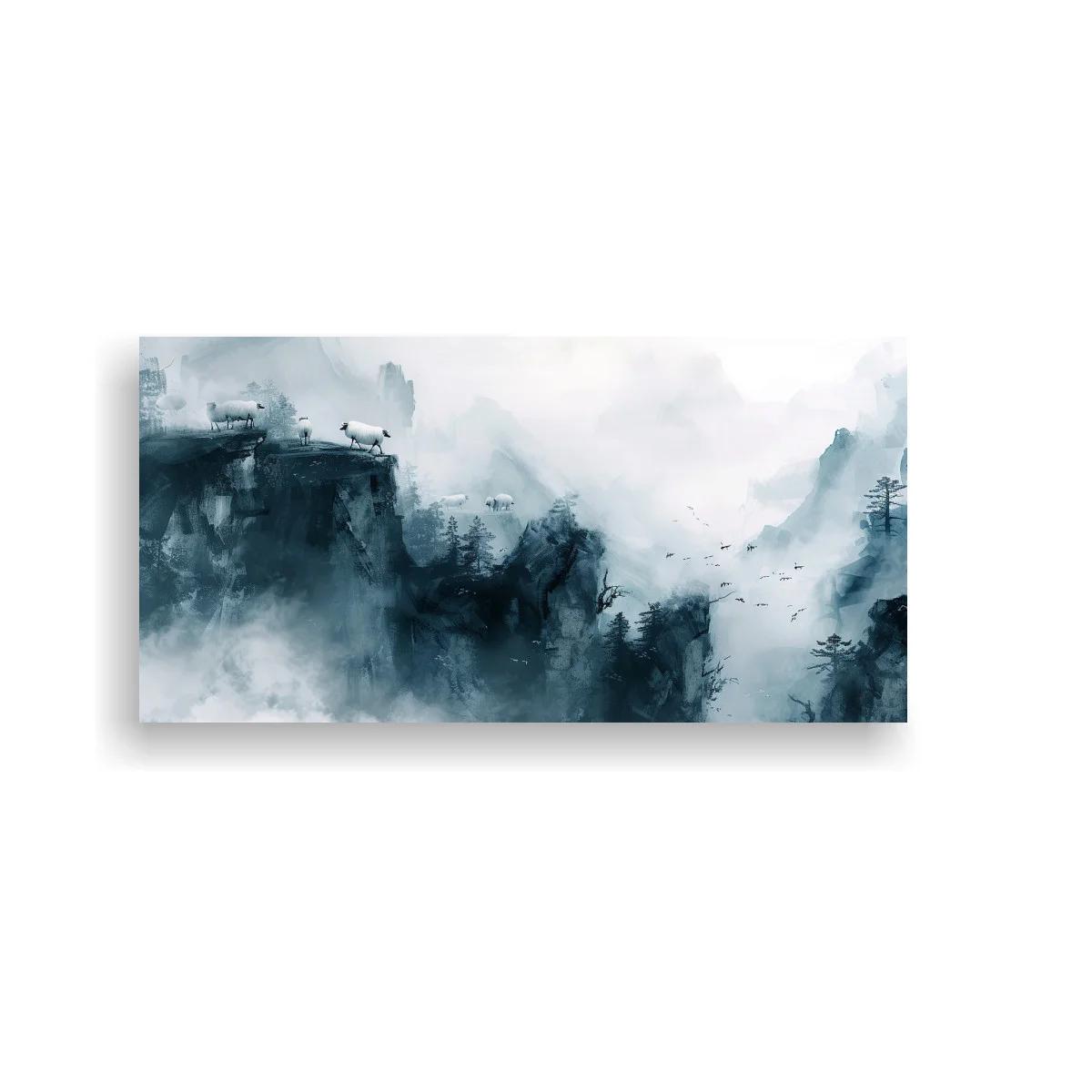 Cuadro paisaje de montañas con niebla y bandada de aves — imagen principal