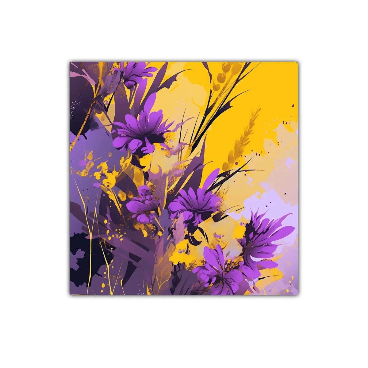 Cuadro decorativo con flores moradas y fondo amarillo vibrante — imagen principal